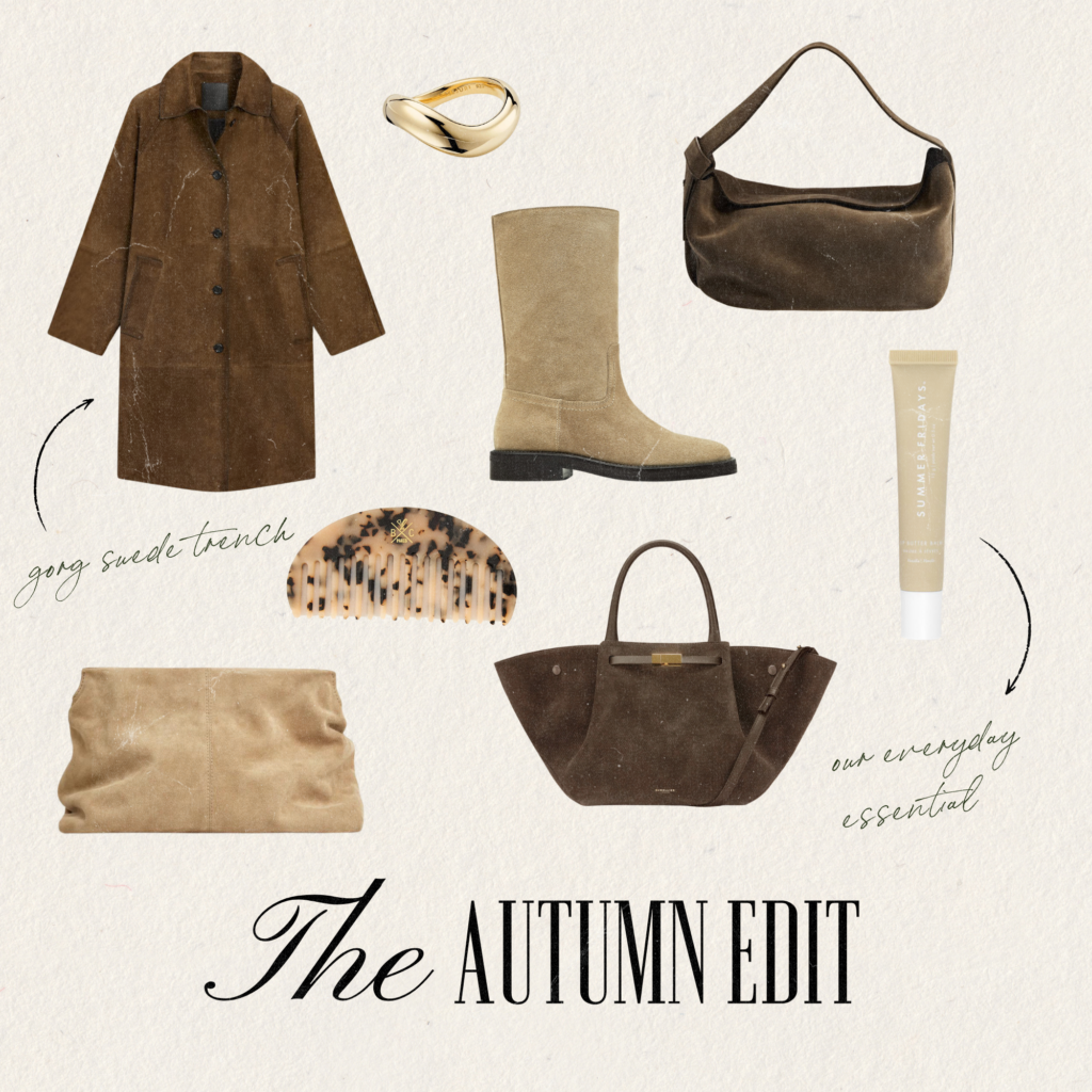 collage featuring fall outfit ideas, suede jacket, suede boots and suede purse